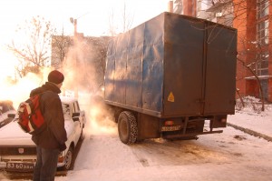 The delivery truck pulls into position near our ministry center in L'viv.