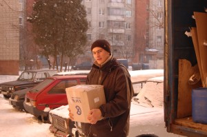 Sergiy Chepara, a Ukrainian believer who often assists us in ministry, helped unload the boxes.