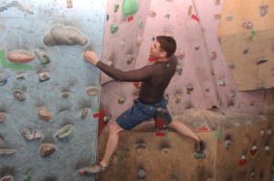 Today we were bouldering, so we were only climbing a short way off the ground. The slanted walls force you to build arm strength. 