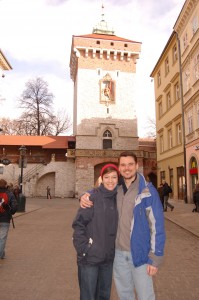 We got one of the locals to snap this shot of us standing in front of Krakow's Florian Gate.
